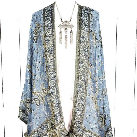 Three Feathers Studio Tops - READY TO SHIP Steel blue and gold paisley pashmina kimono cover up